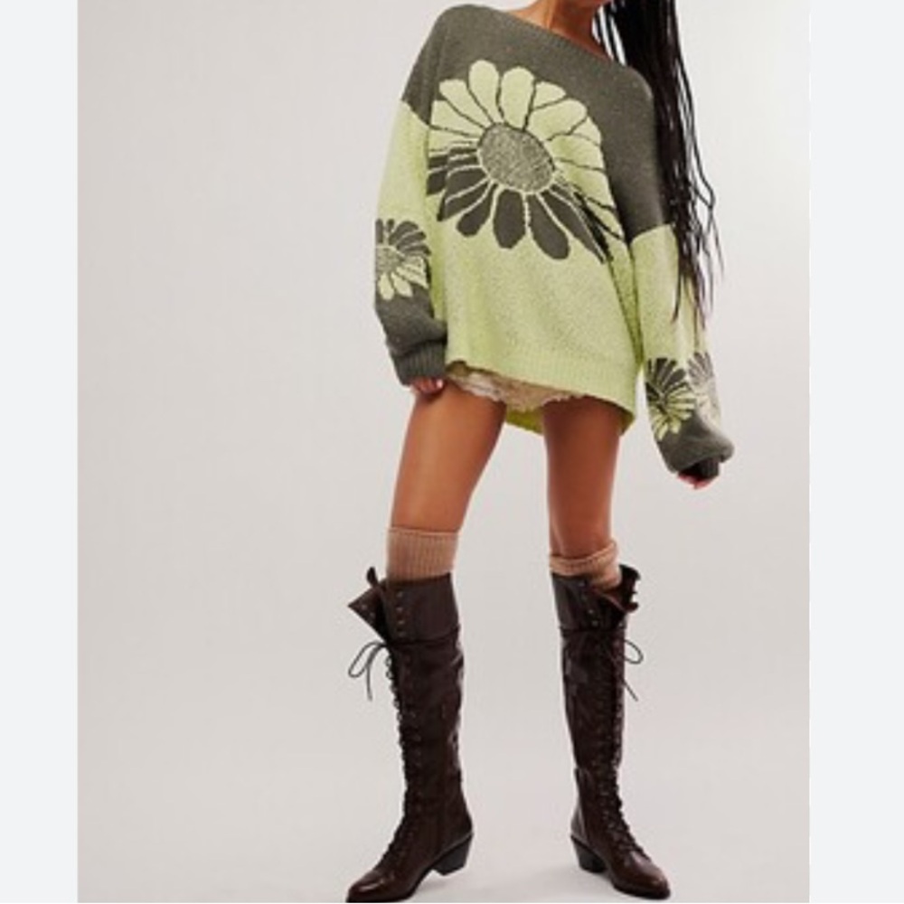 Free People Olive Green and Light Green Daisy Knit Crewneck Sweater - Picture 4 of 6